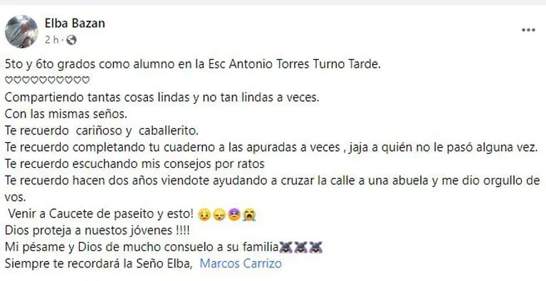 El emotivo posteo de la maestra de la víctima. (Foto: captura Facebook / Elba Bazán)