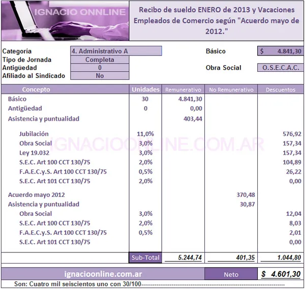 Recibo de sueldos empleados de comercio enero de 2013. caso practico ejemplo