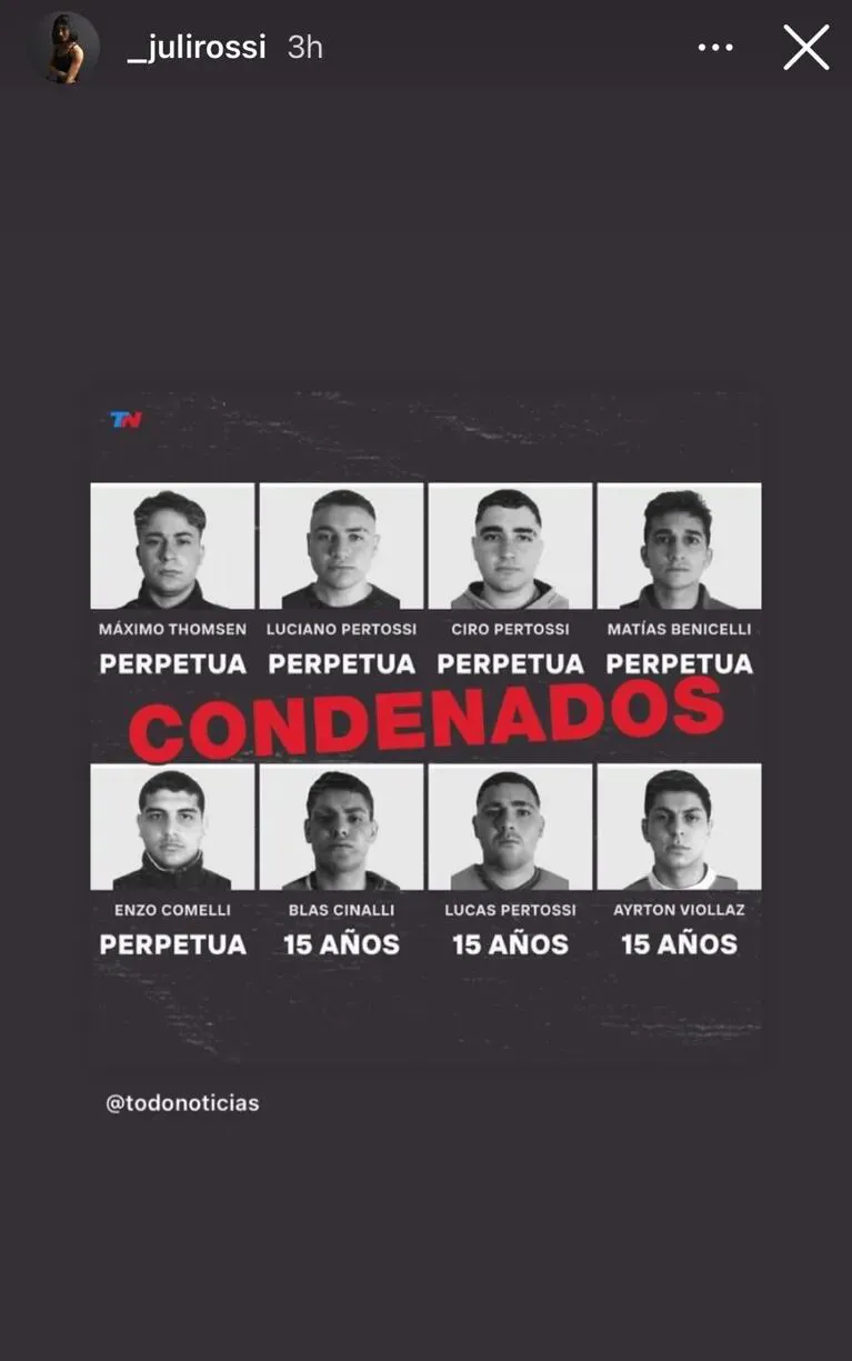 Julieta Rossi reposteó un posteo de TN luego de conocer la sentencia a los ocho rugbiers. (Foto: captura Instagram/_julirossi)