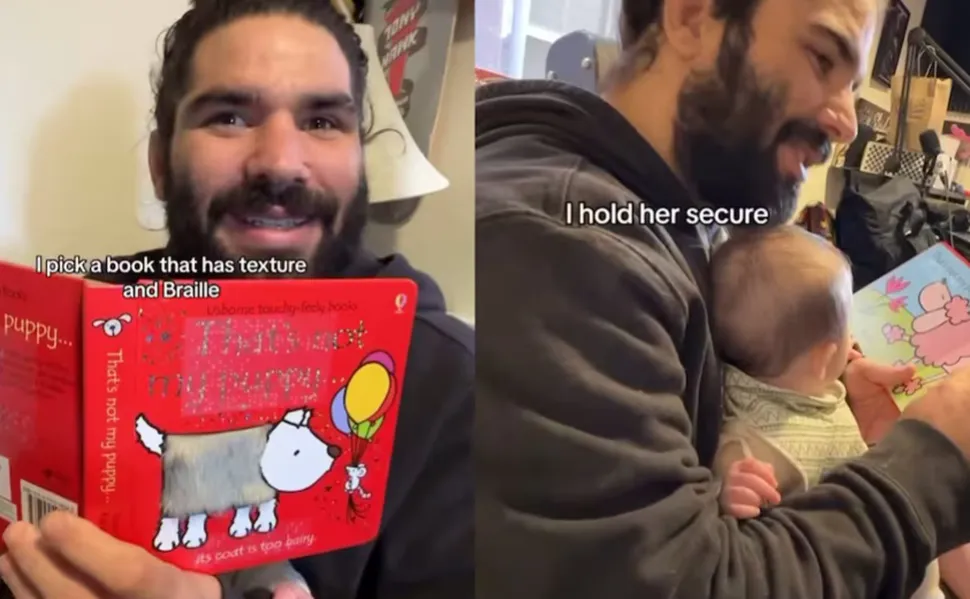 Ciego lee lectura a su hija
