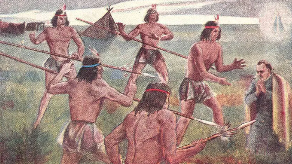 El Padre Salvaire a punto de ser lanceado por los aborígenes de Namuncurá en 1875, según Francisco Fortuny. Su salvación le hizo prometer la construcción de la Basílica que conocemos hoy