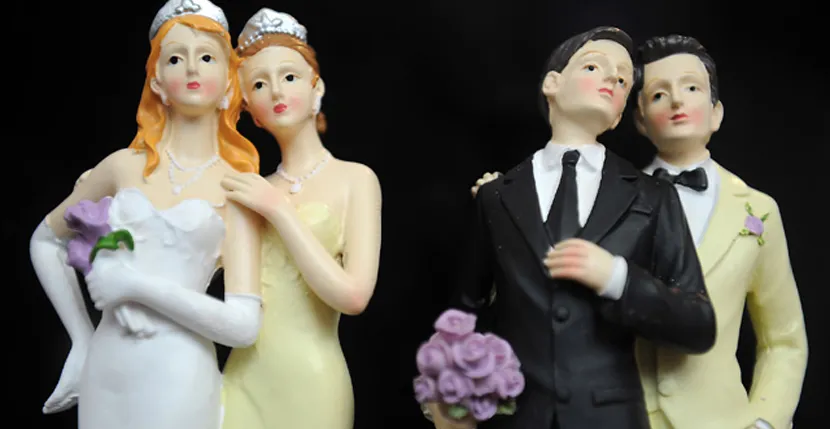 Same-sex couple wedding decorations at fair in Paris