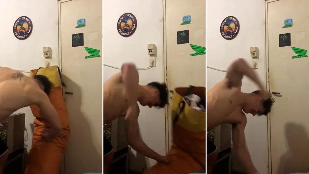 Máximo Thomsen golpeando una bolsa de boxeo