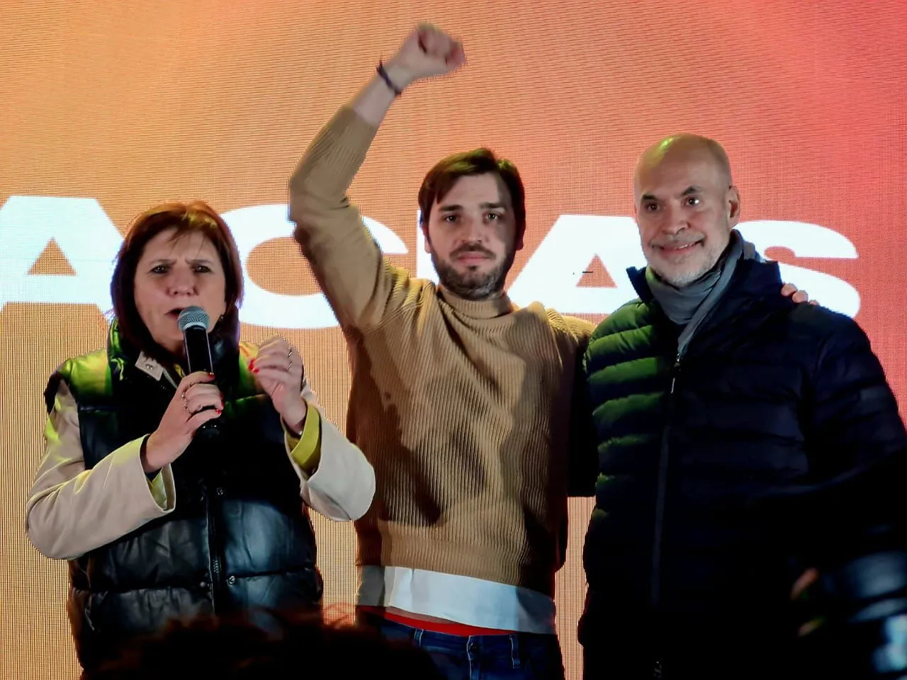 Ignacio Torres, Horacio Rodríguez Larreta y Patricia Bullrich en Trelew, por las elecciones en Chubut